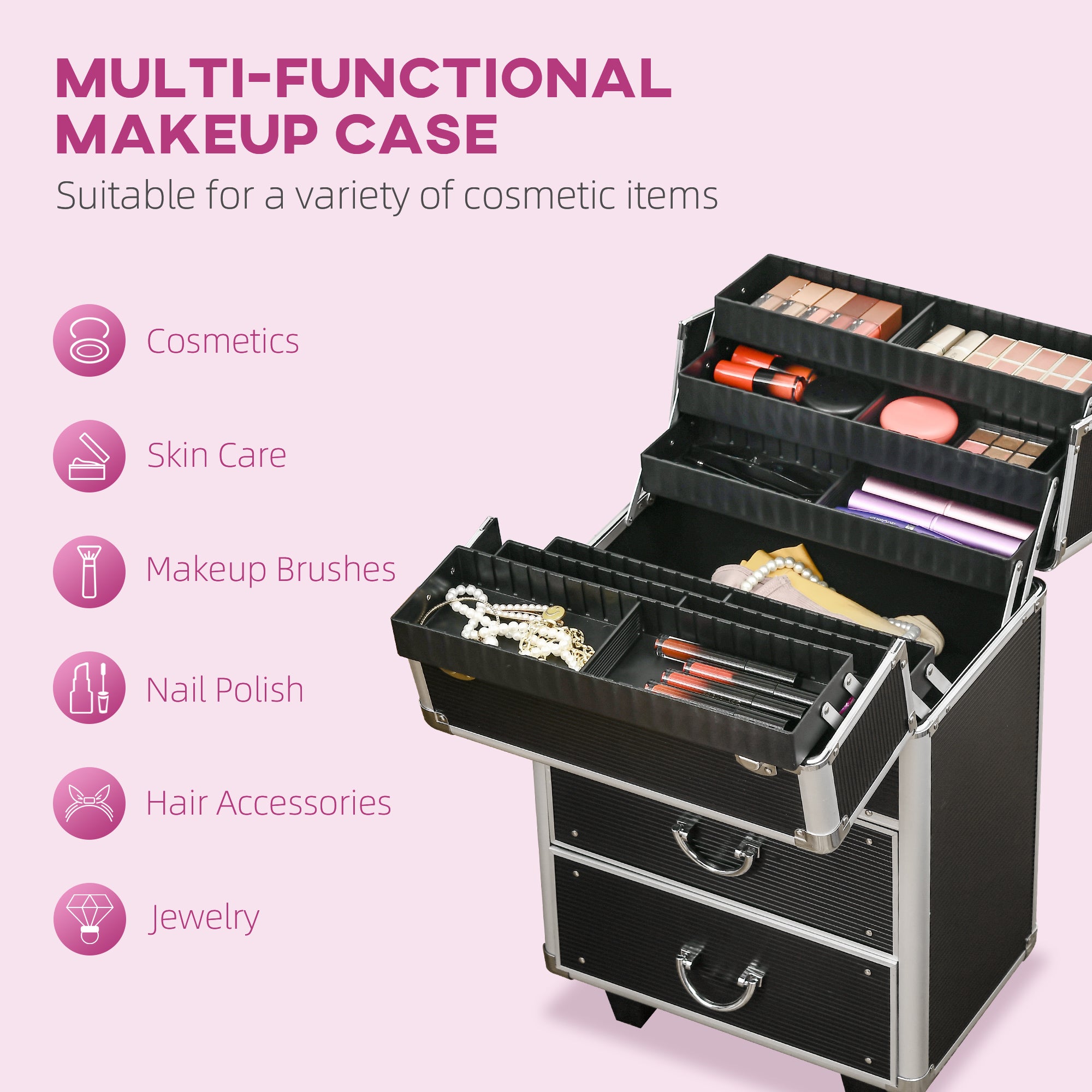 Rolling Makeup Storage Case w/ Swivel Wheel