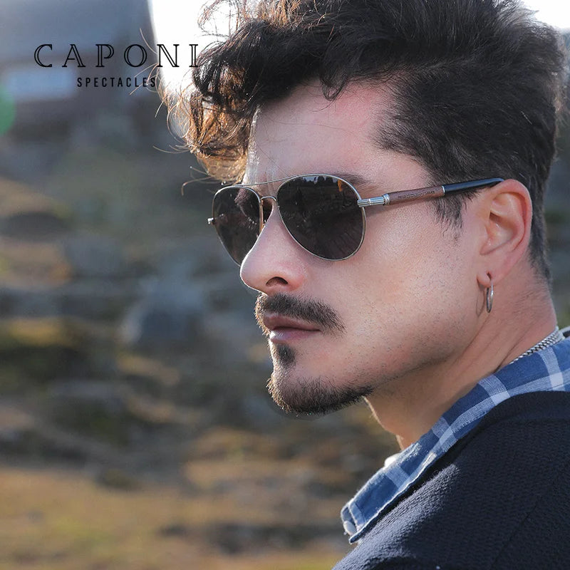CAPONI Pilot Sunglasses Polarized UV400 High Quality Wooden Frame Sun Glasses For Men Luxury Brand Driving Eyewear Shades BS409♥️