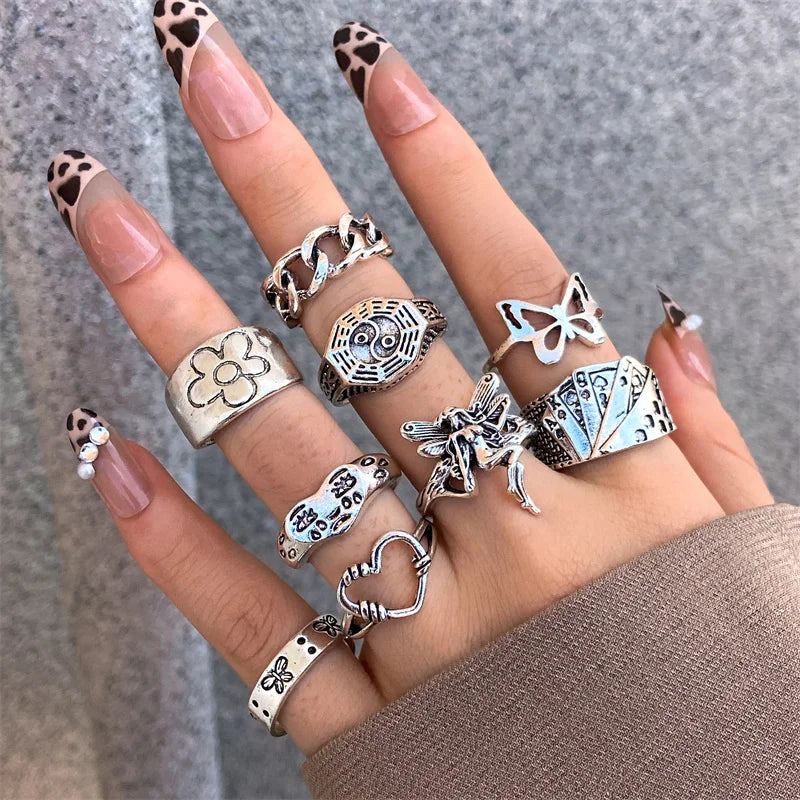 Punk Ring Set 19Pcs for Women Vintage Adjustable For Girls Pearl Punk Snake 2021  New Trendy Fashion Jewellery| lurea accessories ✨️