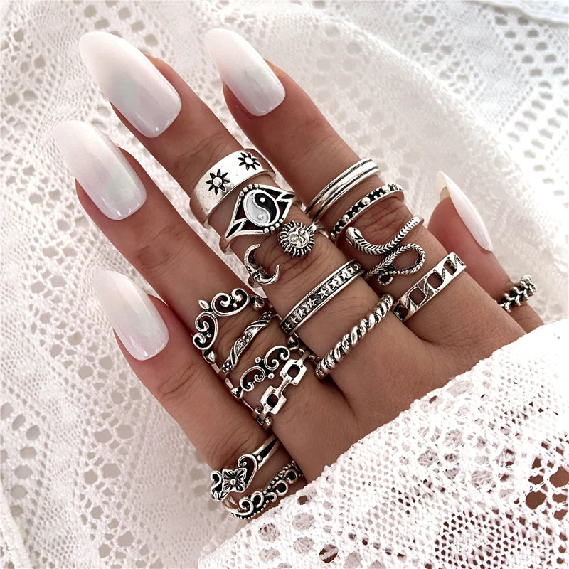 Punk Ring Set 19Pcs for Women Vintage Adjustable For Girls Pearl Punk Snake 2021  New Trendy Fashion Jewellery| lurea accessories ✨️