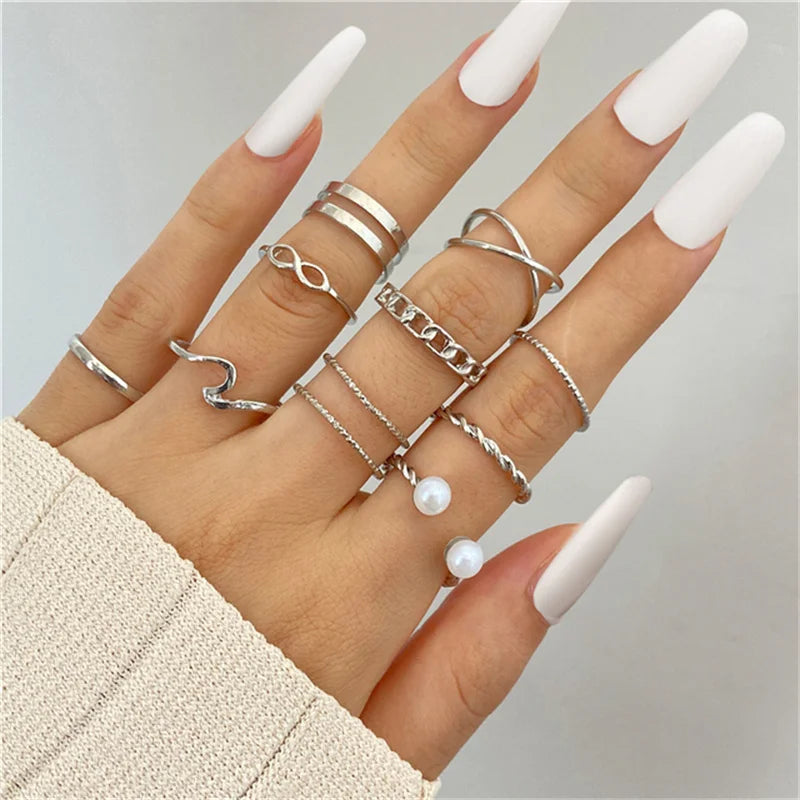Punk Ring Set 19Pcs for Women Vintage Adjustable For Girls Pearl Punk Snake 2021  New Trendy Fashion Jewellery| lurea accessories ✨️
