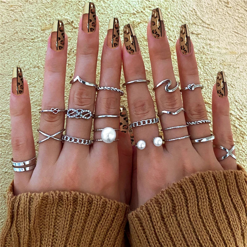 Punk Ring Set 19Pcs for Women Vintage Adjustable For Girls Pearl Punk Snake 2021  New Trendy Fashion Jewellery| lurea accessories ✨️