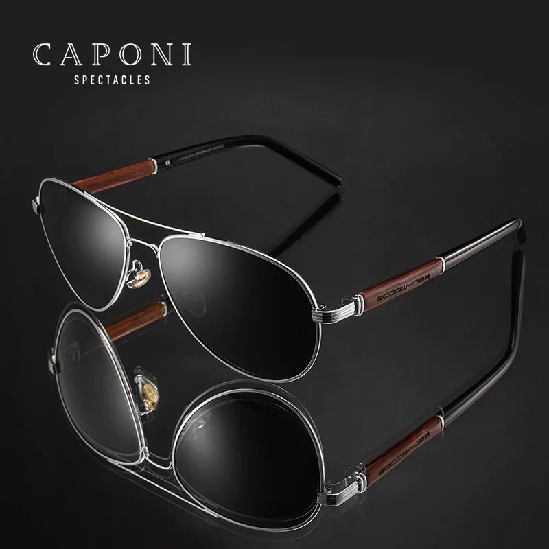 CAPONI Pilot Sunglasses Polarized UV400 High Quality Wooden Frame Sun Glasses For Men Luxury Brand Driving Eyewear Shades BS409♥️