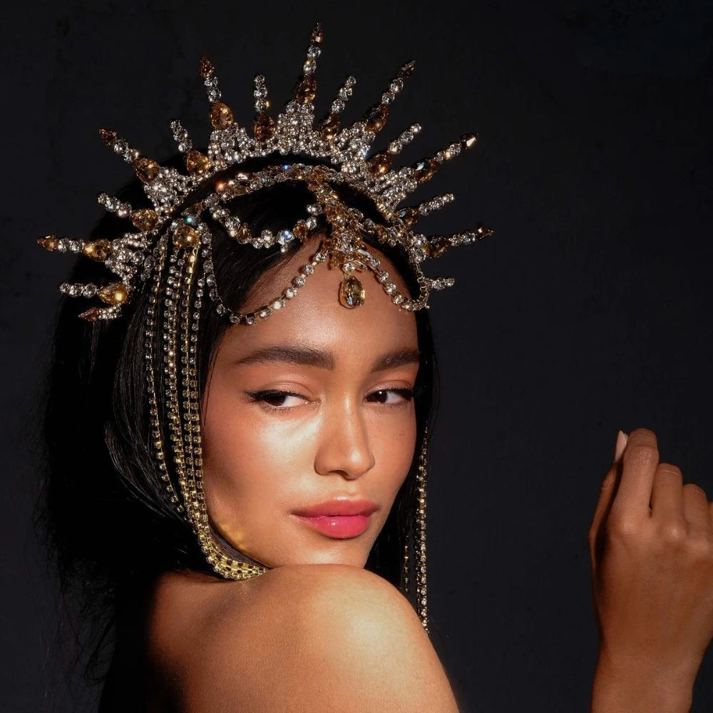 Drag Queen Tassel Hairband Crown Performance Head Accessories Ethnic Exaggerated Rhinestone Hair Chain Headpiece Party for Women