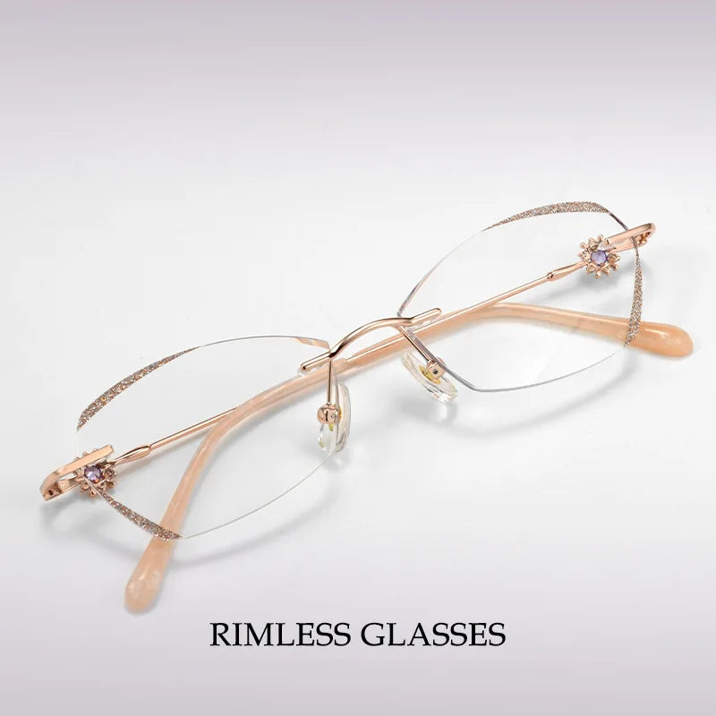 Customize Diamond Cutting Rimless Ladies Cat's Eye Glasses Anti Blue Light Eyeglasses Prescription Eyewear Diopter HM-61080🥂