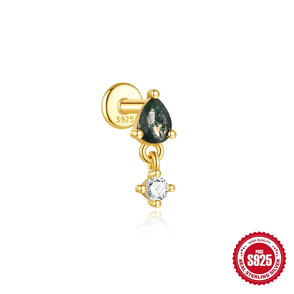 CANNER 1Pc 925 Silver Simple Horse Eye Natural Water Grass Round Surface Stud Earrings For Women 18K Gold Green Moss Ins Jewelry💚