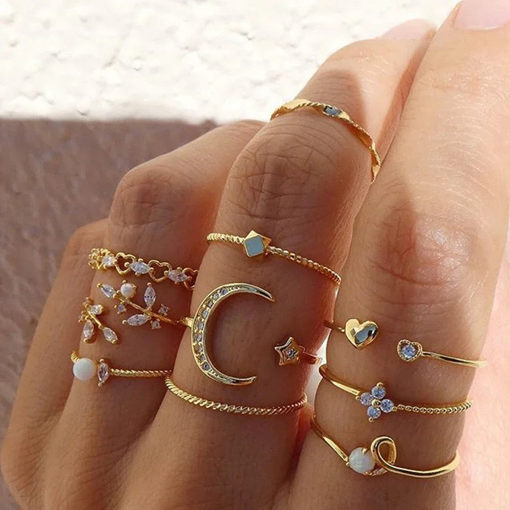 FSUNION 2025 10Pcs Rings Suit For Women Gold-color Chain Ring Set Bohemian Style Coin Snake Moon Star Party Trend Gift| Lurea accessories ✨️