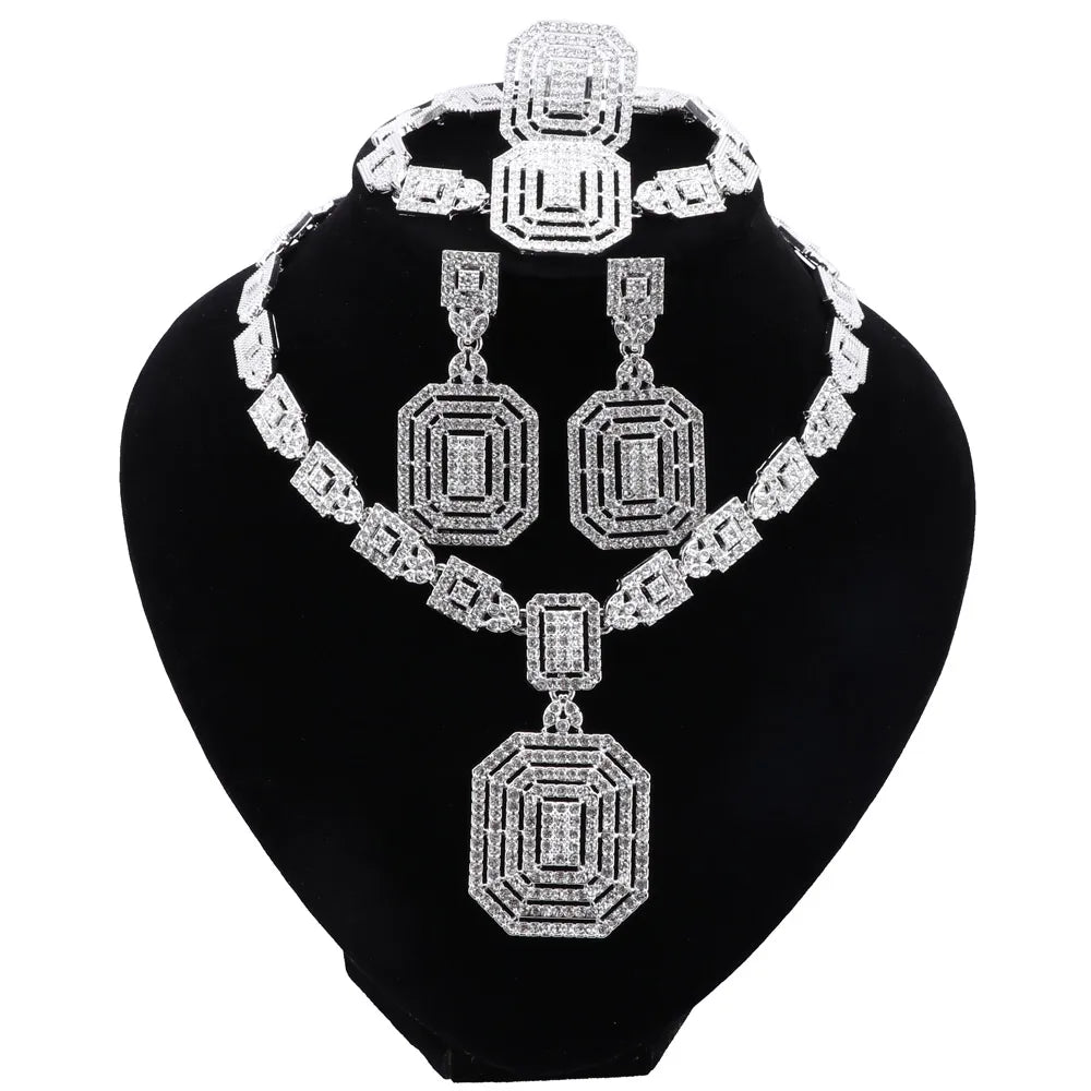 CYNTHIA Silver Plated Jewelry Sets For Women Necklace Earrings Bracelet Ring Dubai African Indian Bridal Accessory👌🏽