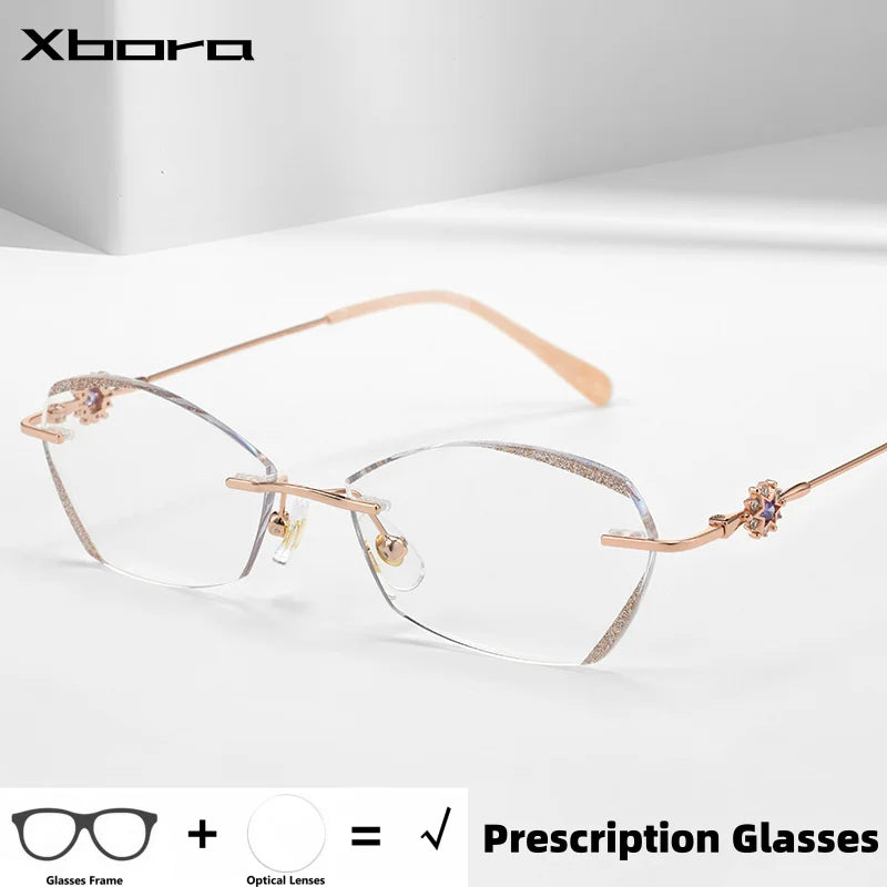 Customize Diamond Cutting Rimless Ladies Cat's Eye Glasses Anti Blue Light Eyeglasses Prescription Eyewear Diopter HM-61080🥂