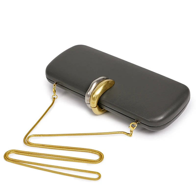 Box Rigd Clutch With Metal Detail Evening Bags For Women Luxury Designer Handbag And Purses 2025 New In PU Chain Strap Shoulder💕