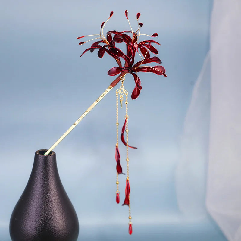 Red Spider Lily Flower Hair Sticks Chinese Style Dripping Oil Long Tassel Chopsticks Women's Side Bangs Clip Hair Accessory