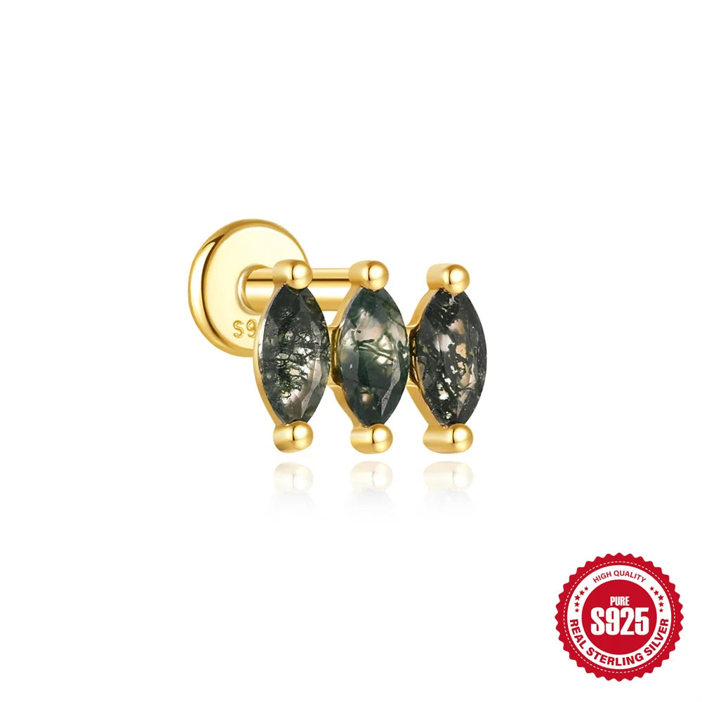 CANNER 1Pc 925 Silver Simple Horse Eye Natural Water Grass Round Surface Stud Earrings For Women 18K Gold Green Moss Ins Jewelry💚