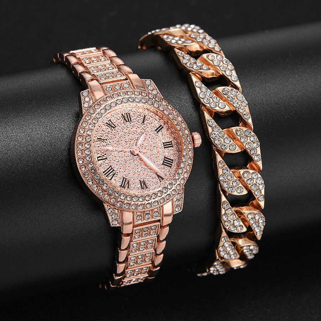 Fashion Luxury Full Crystal 5 Pcs Watch  Necklace Earrings  Ring  Set for Women Rhinestone  Wristwatch Female Bracelet Set Gift💘