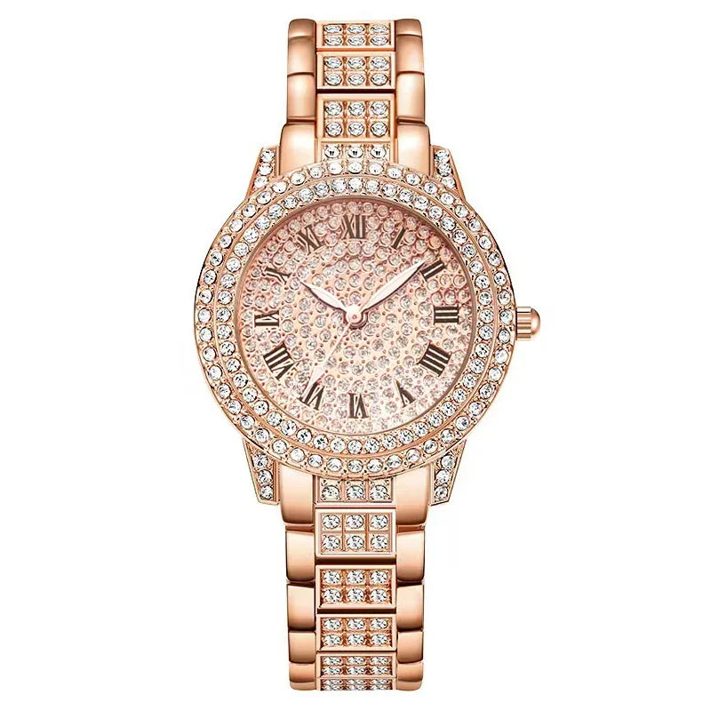 Fashion Luxury Full Crystal 5 Pcs Watch  Necklace Earrings  Ring  Set for Women Rhinestone  Wristwatch Female Bracelet Set Gift💘