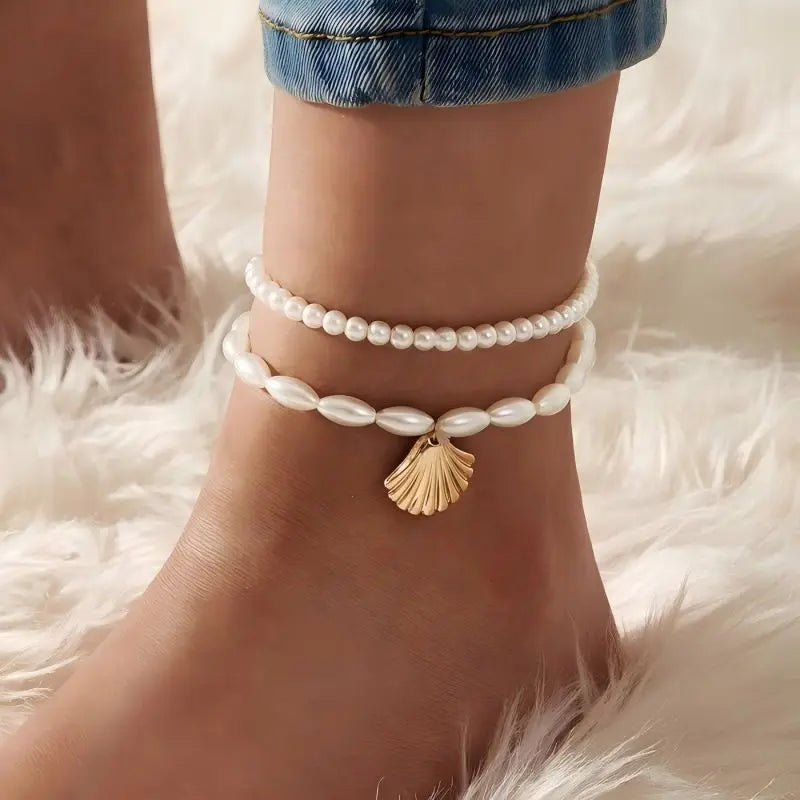 2025 Simple Artificial Pearl Scallop Shell Pendant Anklet Creative Retro Footwear Beach Ankle Bracelet Accessories