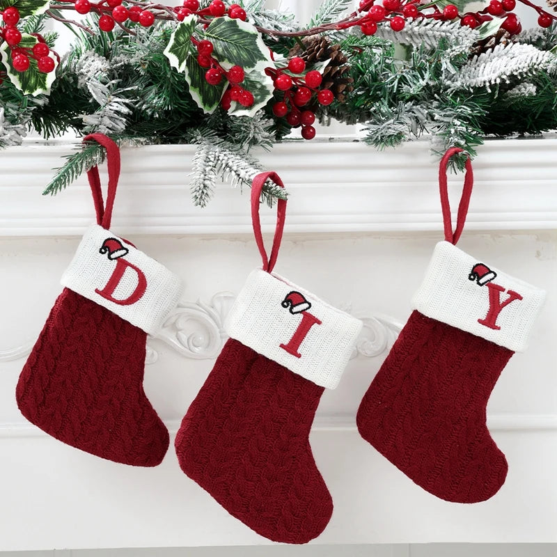Letters Christmas Stocking New Knitting Christmas Tree Pendant Decorations For Home Xmas Gift Santa Hat Alphabet Christmas Socks