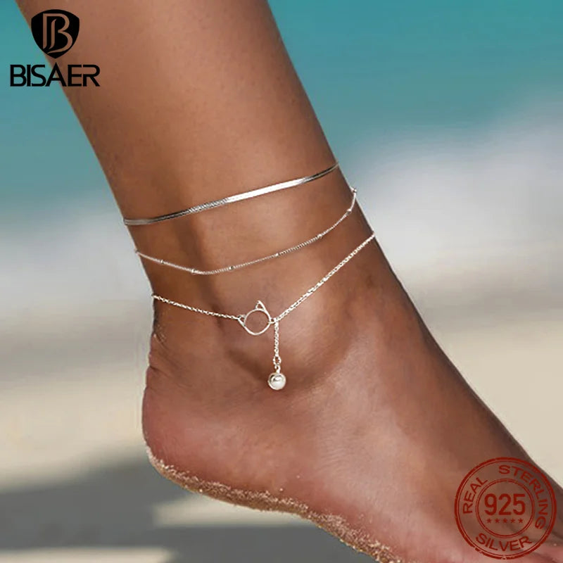 BISAER 925 Sterling Silver Round Beads Anklets,Waterproof Hypoallergenic Infinite Love Chain For Women Fine Jewelry Holiday Gift