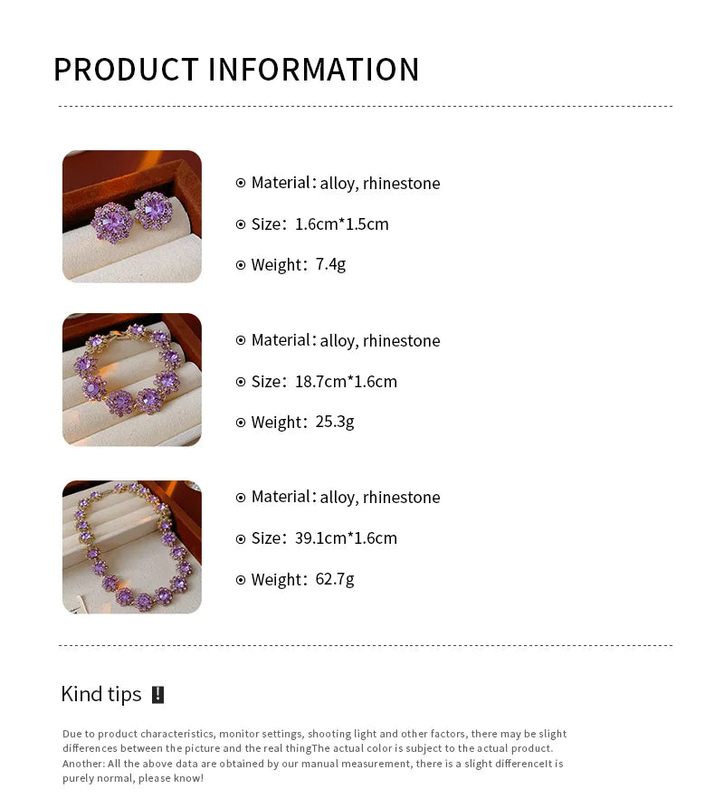 Purple Rhinestone Necklace Earrings Bracelet Set for Women Shiny Flower Choker Necklace  Luxury Wedding Bridal Jewelry Sets🌸