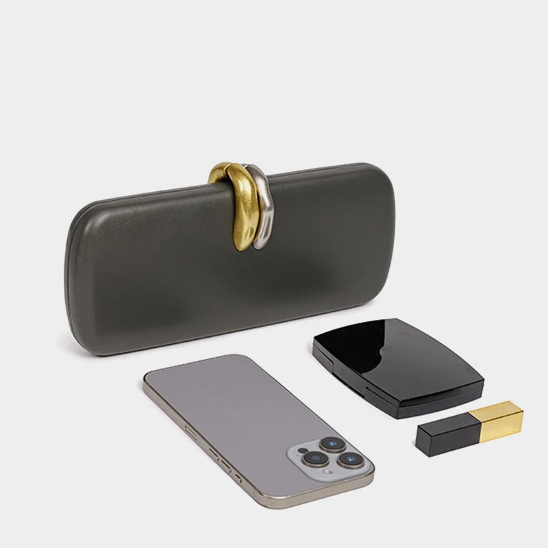 Box Rigd Clutch With Metal Detail Evening Bags For Women Luxury Designer Handbag And Purses 2025 New In PU Chain Strap Shoulder💕