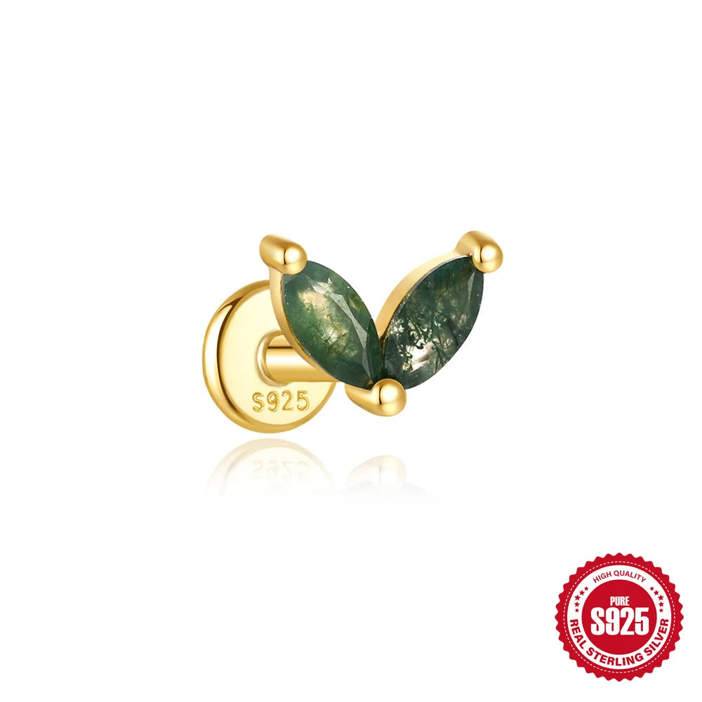 CANNER 1Pc 925 Silver Simple Horse Eye Natural Water Grass Round Surface Stud Earrings For Women 18K Gold Green Moss Ins Jewelry💚