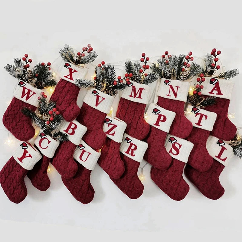 Letters Christmas Stocking New Knitting Christmas Tree Pendant Decorations For Home Xmas Gift Santa Hat Alphabet Christmas Socks