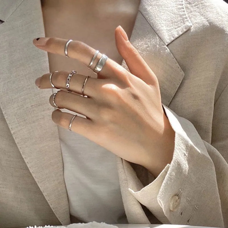 Fashion 7Pcs Set Punk Simple Rings for Women Silver Color Geometric Vintage Joint Hiphop Finger Ring Jewelry Niche Design Rings💖