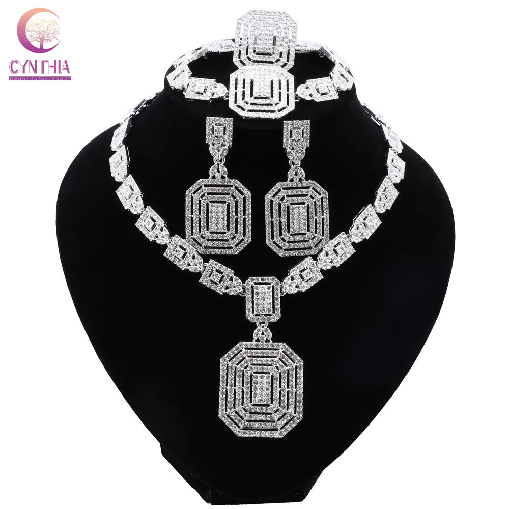 CYNTHIA Silver Plated Jewelry Sets For Women Necklace Earrings Bracelet Ring Dubai African Indian Bridal Accessory👌🏽