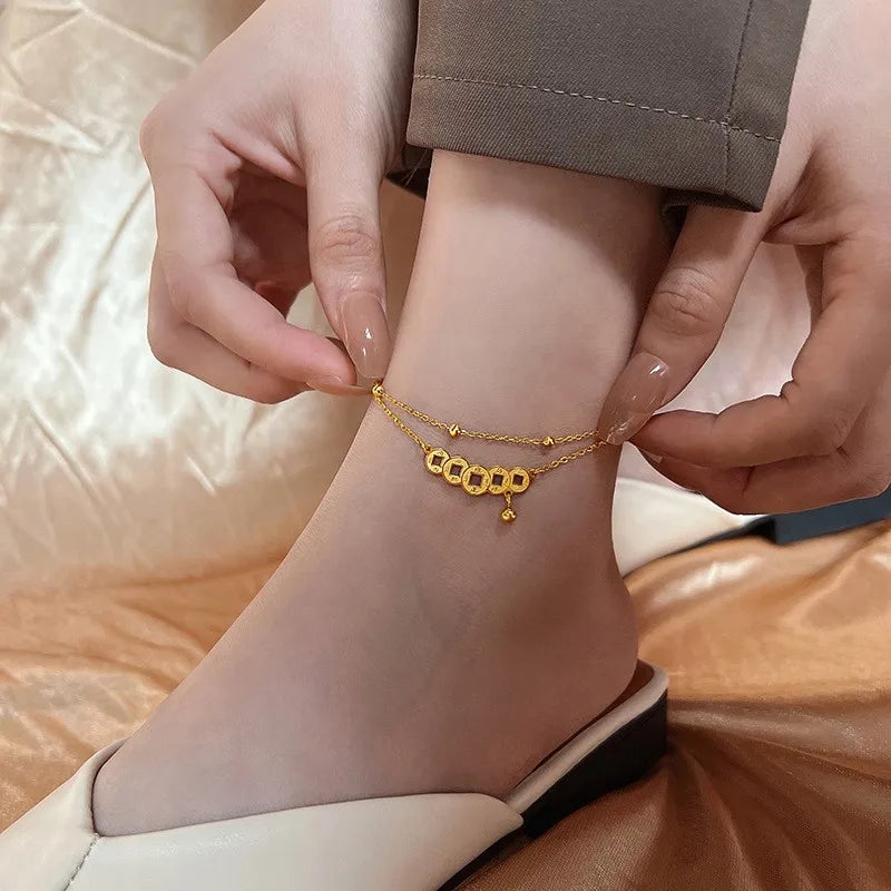 Stainless steel Coin Bell Pendant  Gold colour Anklet For Woman Fashion Ankle Jewelry Girl's Sexy Swimsuit Party Anklet