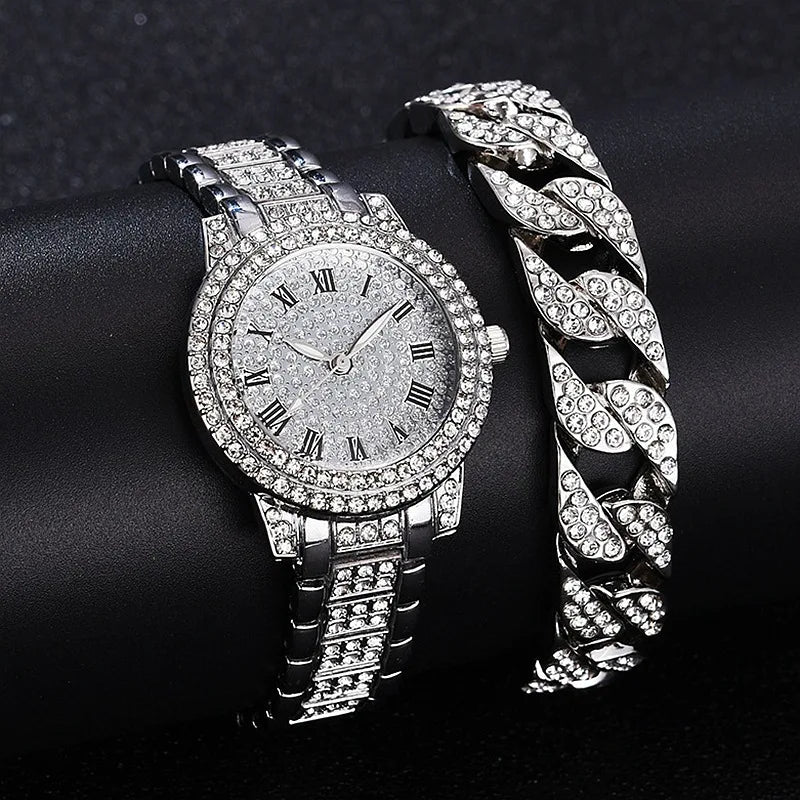 Fashion Luxury Full Crystal 5 Pcs Watch  Necklace Earrings  Ring  Set for Women Rhinestone  Wristwatch Female Bracelet Set Gift💘