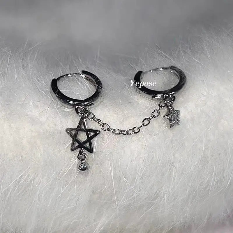 1PCS Silver Color Star Chain Double Ear Hole Stainless Steel Ear Bone Nail Y2K Fashion Hottie Earrings for Women Jewelry💛
