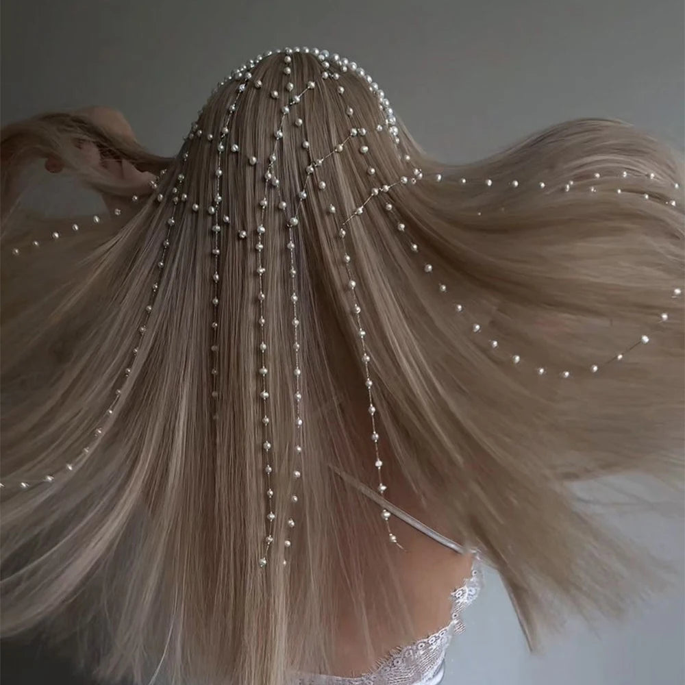 Elegant Imitation Pearl Tassel Headband Tiara Women Wig Jewelry 2025 Hollow Mesh Bridal Hair Chain Headpiece Wedding Accessories