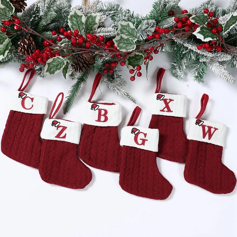 Letters Christmas Stocking New Knitting Christmas Tree Pendant Decorations For Home Xmas Gift Santa Hat Alphabet Christmas Socks