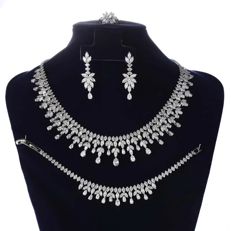 Jewelry Set HADIYANA Cubic Zirconia Women Water-drop Jewelry Set BN8593 Necklace Bracelet Earrings And Ring Birthday Gift💕