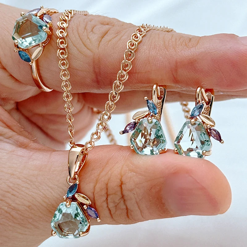 Kinel Unique Green Stone Ring Earrings Necklace for Women 585 Rose Gold Color With Rhombus Natural Zircon Vintage Jewelry Sets🧡