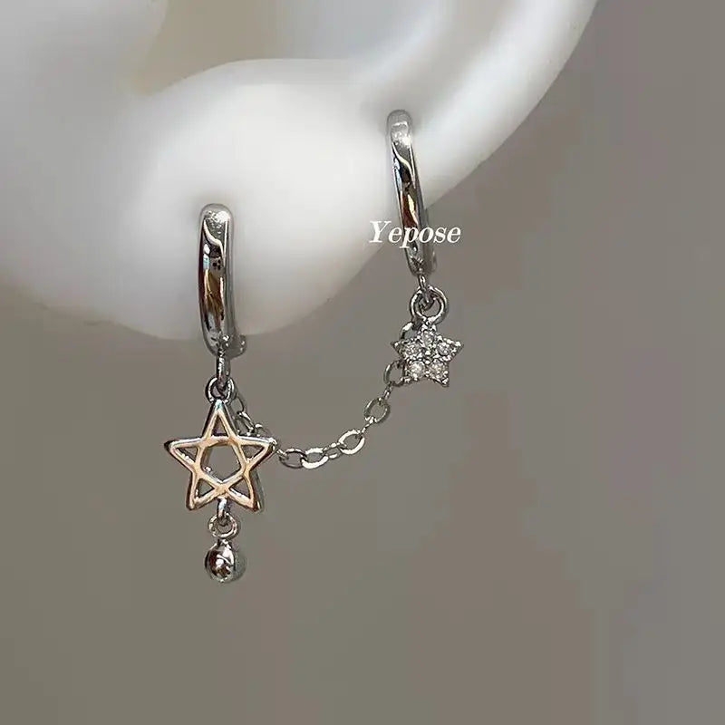 1PCS Silver Color Star Chain Double Ear Hole Stainless Steel Ear Bone Nail Y2K Fashion Hottie Earrings for Women Jewelry💛