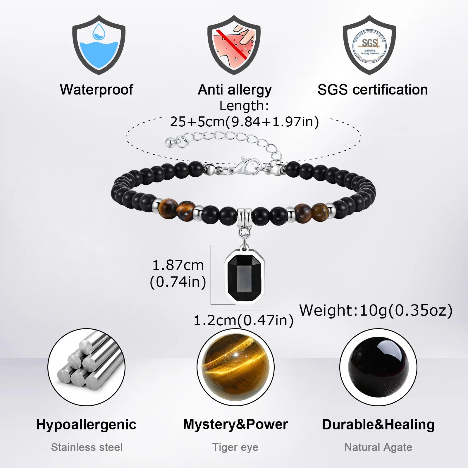 Tiger Eye Stone Glass Bead Anklet for Men,Stainless Steel Black Glass Square Charm Ankle Bracelet,Trendy Jewelry Gifts