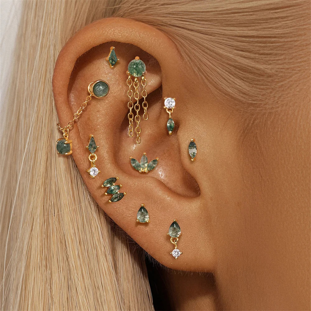 CANNER 1Pc 925 Silver Simple Horse Eye Natural Water Grass Round Surface Stud Earrings For Women 18K Gold Green Moss Ins Jewelry💚