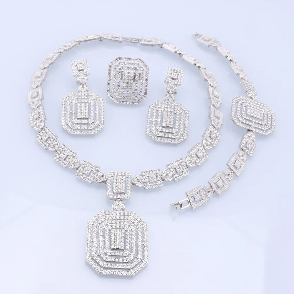 CYNTHIA Silver Plated Jewelry Sets For Women Necklace Earrings Bracelet Ring Dubai African Indian Bridal Accessory👌🏽