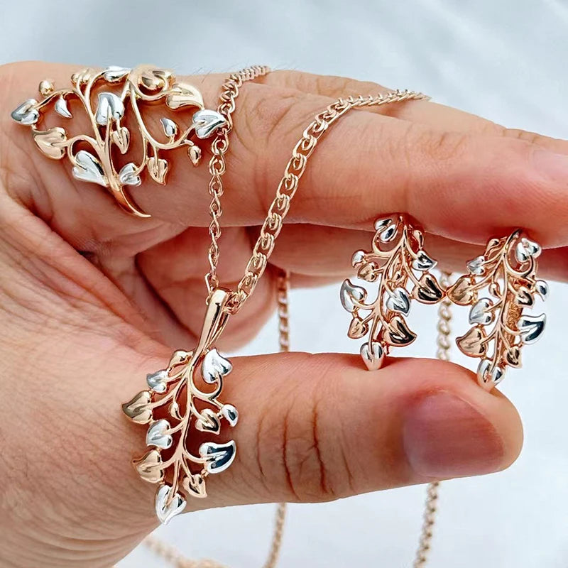 Kinel Unique Ethnic Bridal Leaf Ring Earrings Necklace for Women Fashion 585 Rose Gold Silver Color Mix Daily Fine Jewelry Sets💛