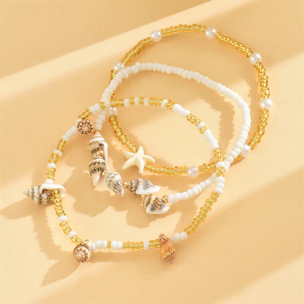 Cute Sea Star Shell Conch Pearl Anklets For Women 3pcs/Set Rice Beads Foot Chain Ankle Bracelet Beach Jewelry Summer Accessories🧡