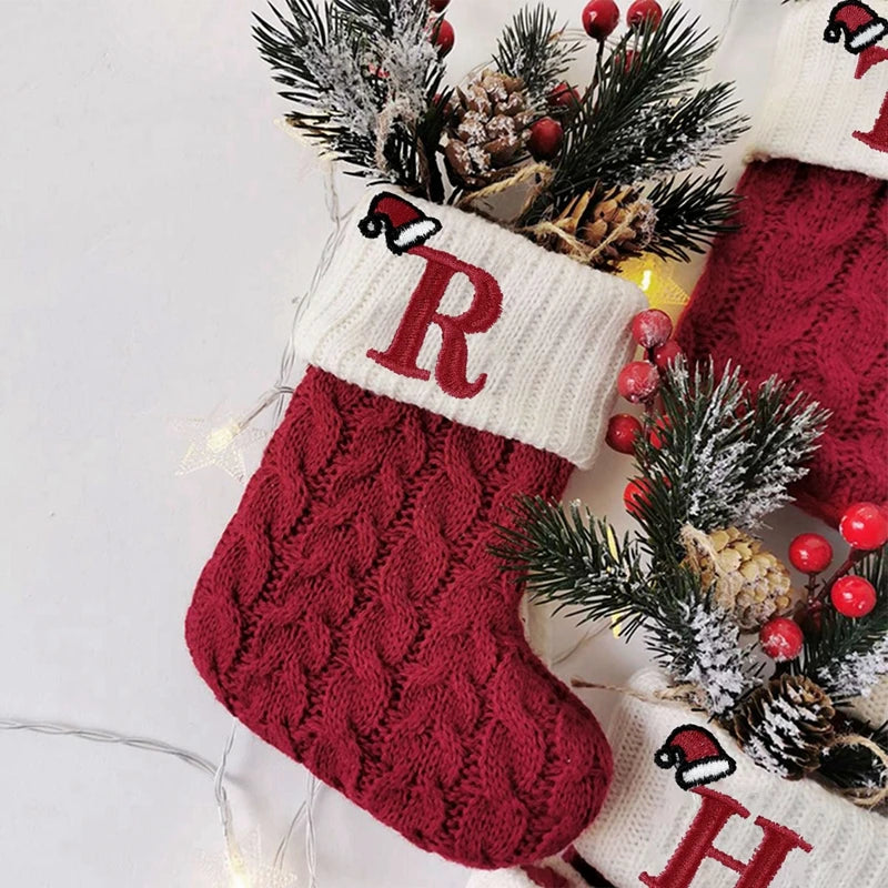 Letters Christmas Stocking New Knitting Christmas Tree Pendant Decorations For Home Xmas Gift Santa Hat Alphabet Christmas Socks
