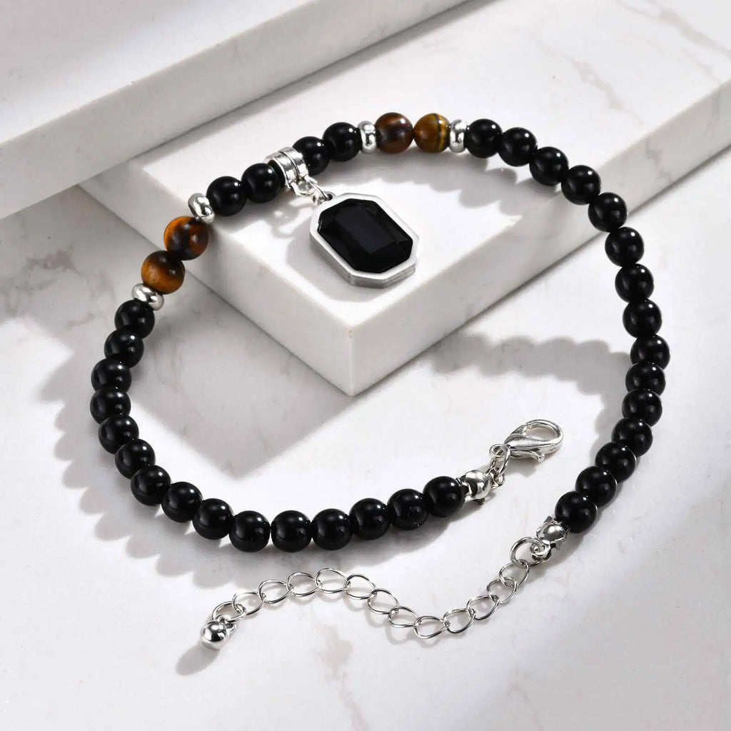 Tiger Eye Stone Glass Bead Anklet for Men,Stainless Steel Black Glass Square Charm Ankle Bracelet,Trendy Jewelry Gifts♥️