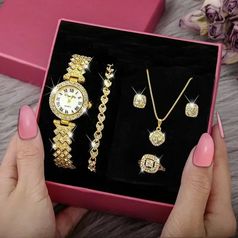 Fashion Luxury Full Crystal 5 Pcs Watch  Necklace Earrings  Ring  Set for Women Rhinestone  Wristwatch Female Bracelet Set Gift💘