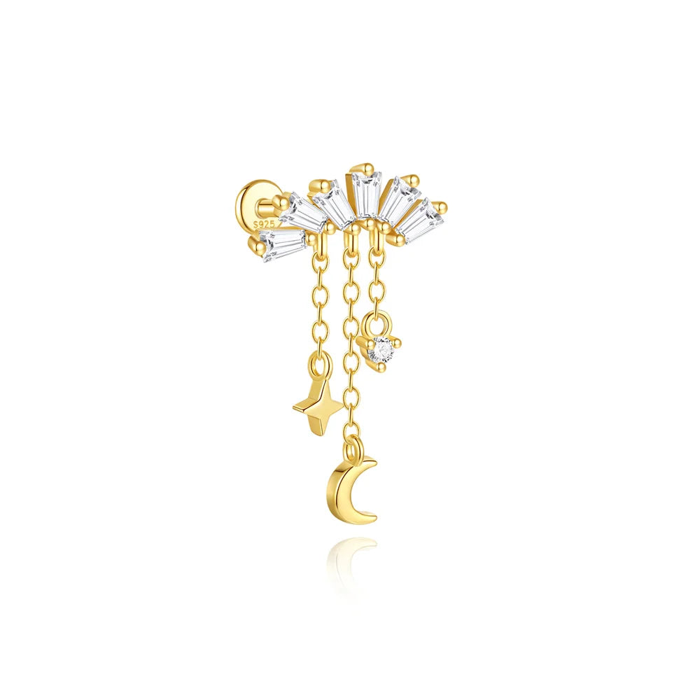 CANNER 1PC 925 Sterling Silver Tassel Chain Eight Pointed Stars Moon Earrings For Women Ins Horse Eye Geometric Zircon Earring♥️