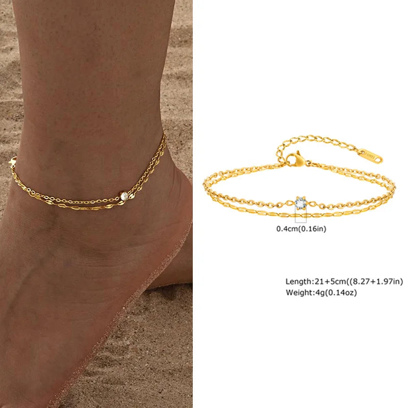 Waterproof Layered Anklet Bracelet for Women, Adjustable Gold Plated with Zirconia Stainless Steel Link Foot Chain Jewelry♥️