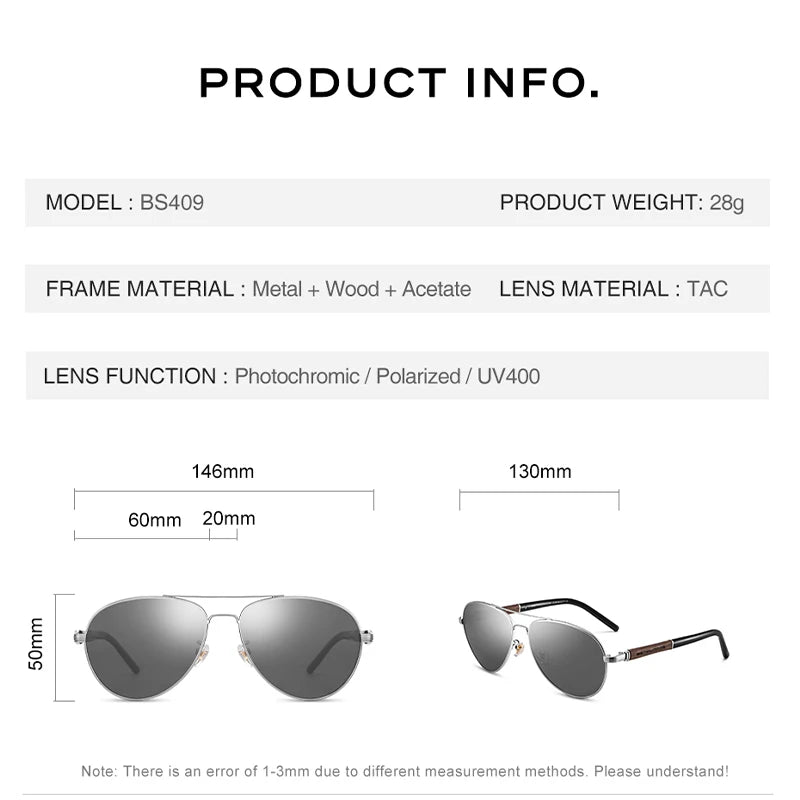 CAPONI Pilot Sunglasses Polarized UV400 High Quality Wooden Frame Sun Glasses For Men Luxury Brand Driving Eyewear Shades BS409♥️