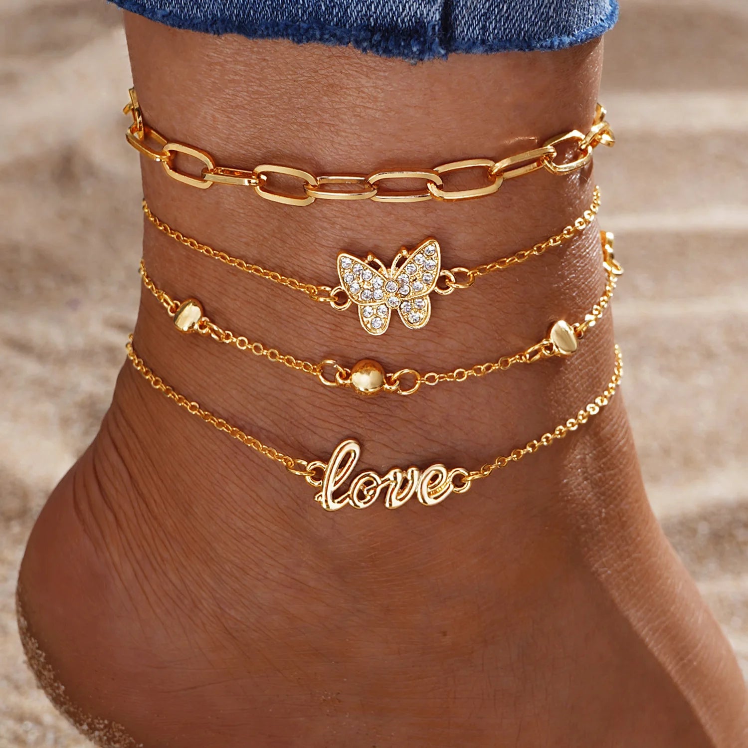 Gold Color Vintage Butterfly Anklet Set For Women Multilayers Adjustable Love Anklet Bracelet On Leg Foot Beach Jewelry❤️