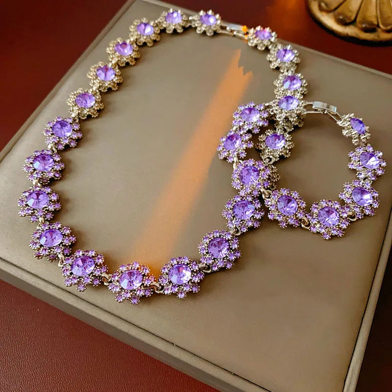 Purple Rhinestone Necklace Earrings Bracelet Set for Women Shiny Flower Choker Necklace  Luxury Wedding Bridal Jewelry Sets🌸