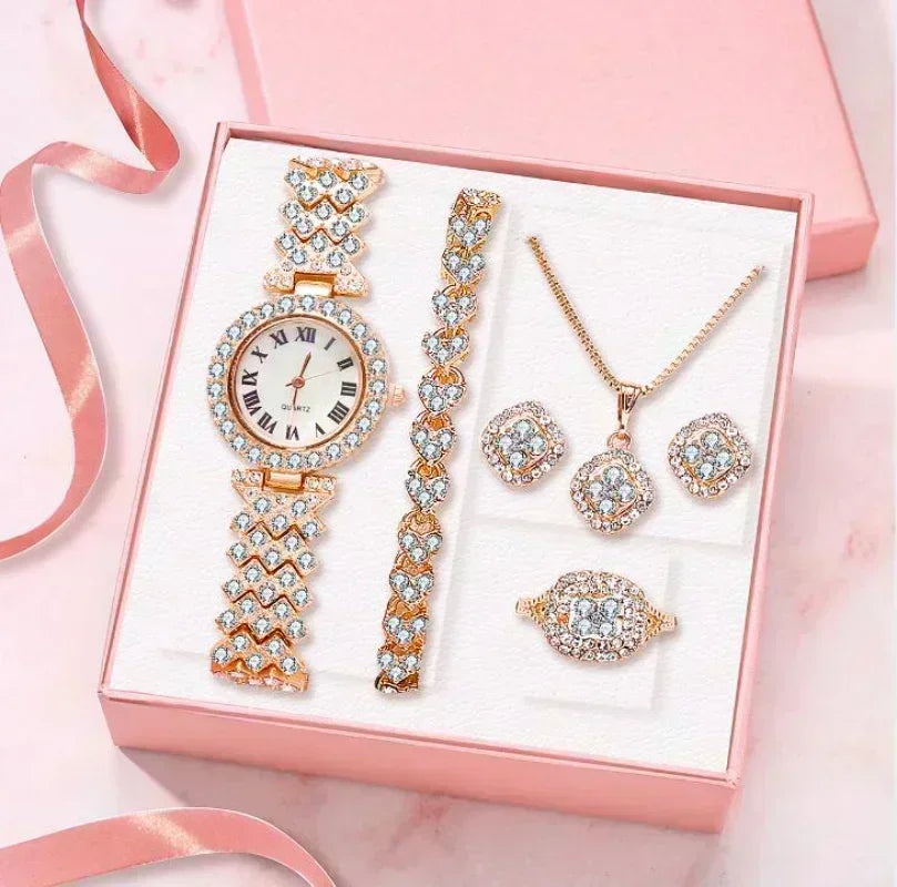 Fashion Luxury Full Crystal 5 Pcs Watch  Necklace Earrings  Ring  Set for Women Rhinestone  Wristwatch Female Bracelet Set Gift💘