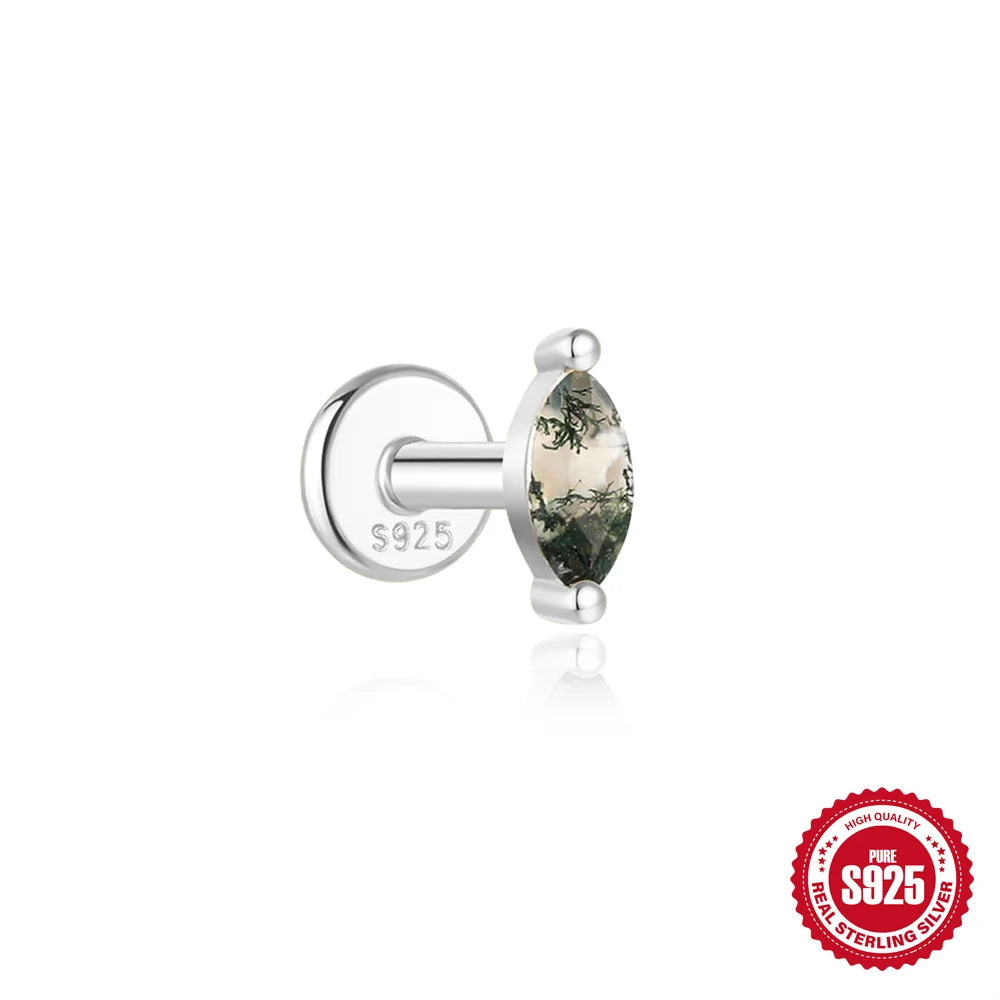 CANNER 1Pc 925 Silver Simple Horse Eye Natural Water Grass Round Surface Stud Earrings For Women 18K Gold Green Moss Ins Jewelry💚